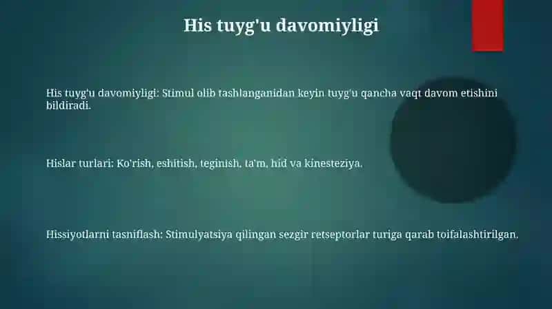 Sezgilarning tasnifi, sezgilarning turlari, sezgi sohasidagi qonuniyatlar 3