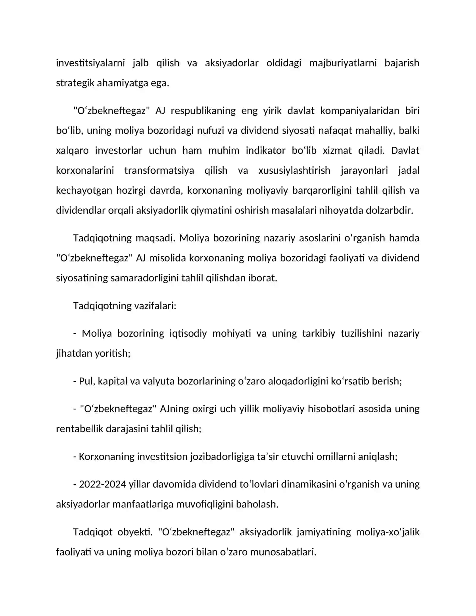 "O‘zbekneftegaz" AJ misolida moliya bozorining mohiyati va korxonaning dividend siyosati tahlili 3