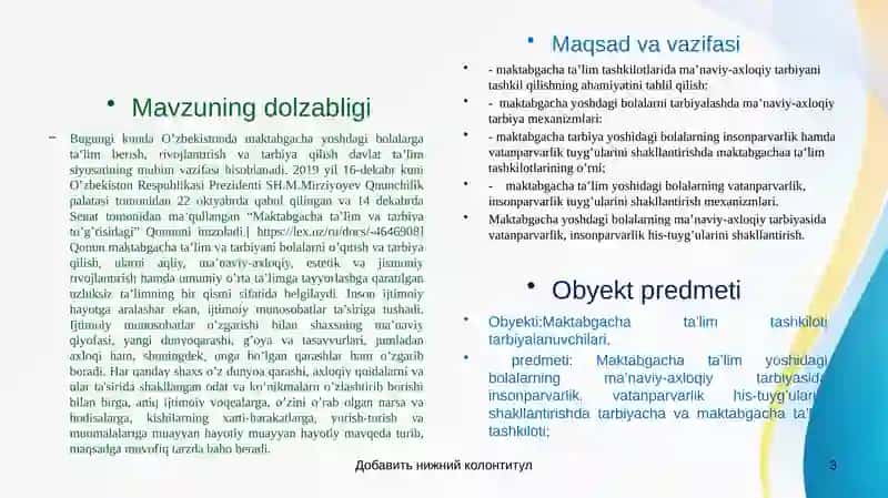 MAKTABGACHA YOSHDAGI BOLALARNING MA’NAVIY, AXLOQIY TARBIYASIDA VATANPARVARLIK, INSONPARVARLIK HIS-TUYG’USINI SHAKLLANTIRISH 3