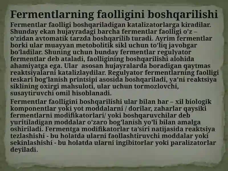 Fermentlar faolligini boshqarilishi. Ferment ingibitorlari. Tibbiyotda qo’llanilishi. 3