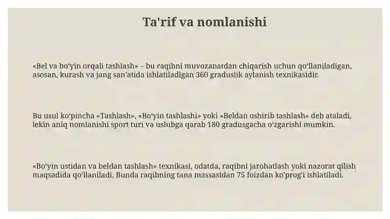 Bel va bo‘yin orqali tashlash usuli 3