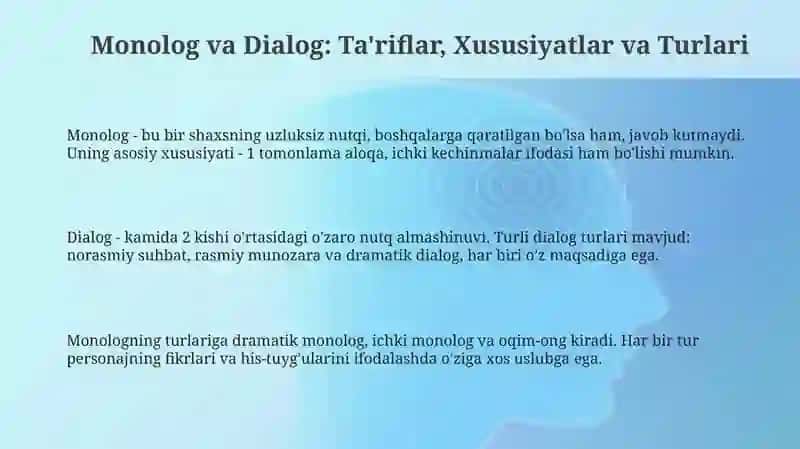Monolog va Dialog: Ta'riflar, Xususiyatlar va Turlari 3