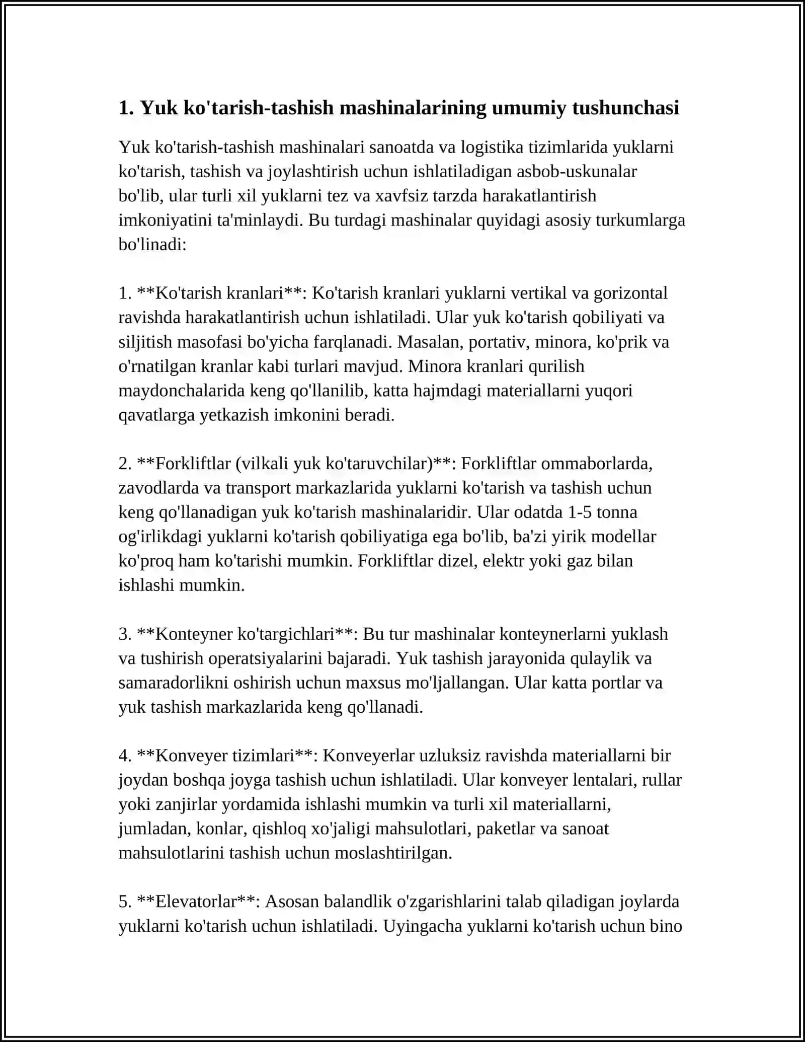 DUNYONING ETUK FIRMA VA KOMPANIYALARNING YUK KO‘TARISH-TASHISH MASHINALARI, TURLARI, QO‘LLANILISHI VA TASNIFI 3