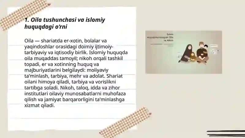 Islom huquqshunosligida oila, nikoh, taloq, idda, zihor tushunchalarini tariflash 3