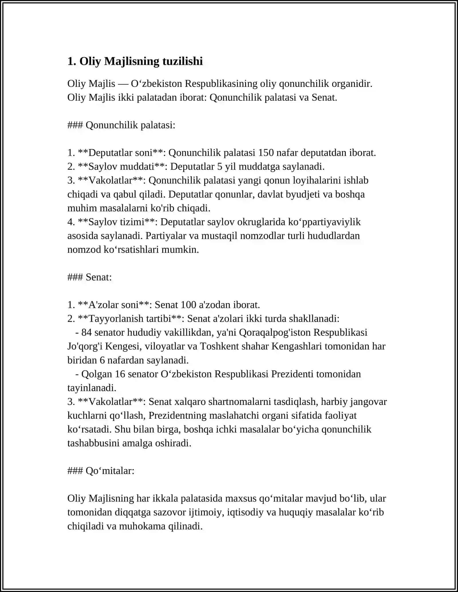 MUSTAQIL ISH Mavzu: O'ZBEKISTON RESPUBLIKASI OLIY MAJLISI 3
