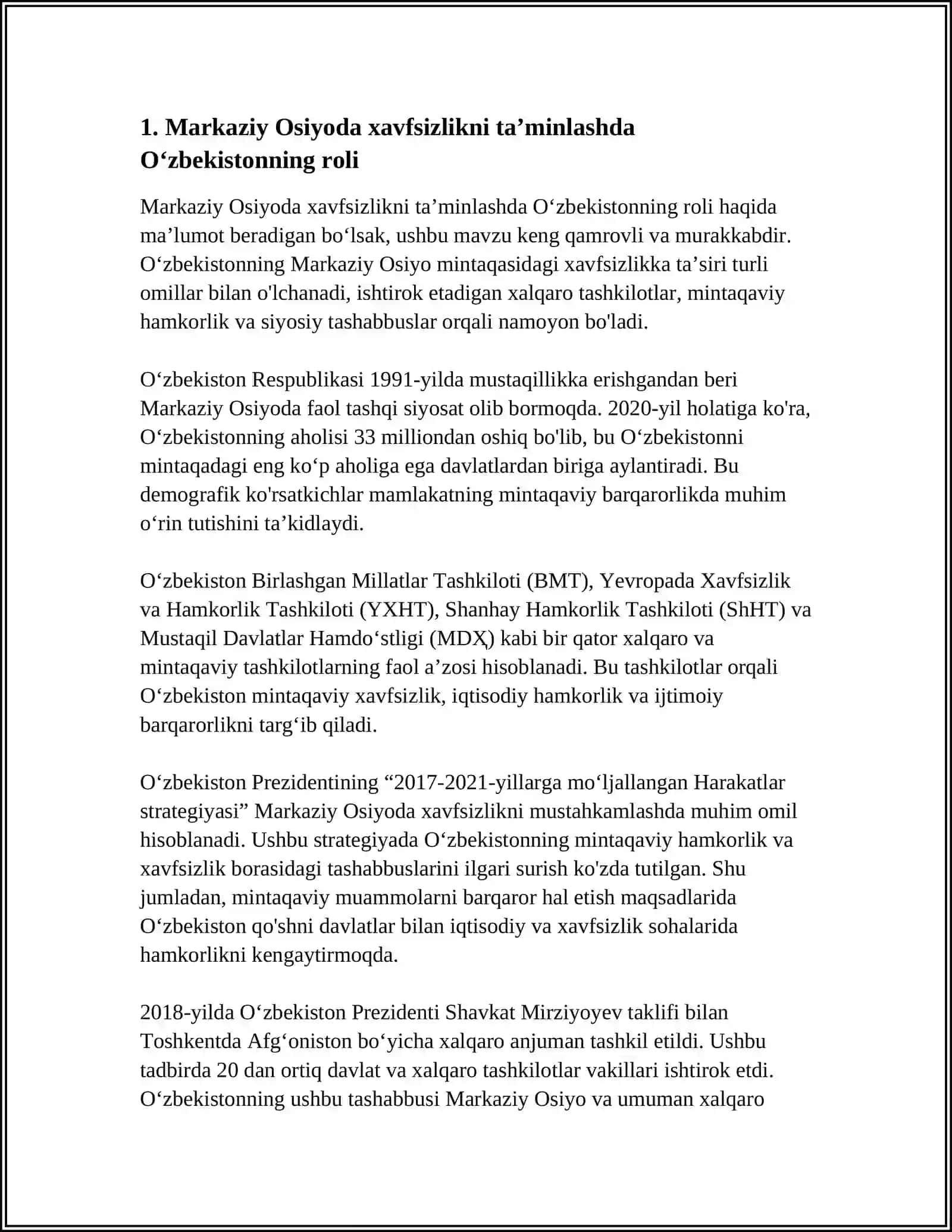 Oʻzbekistonning Markaziy Osiyodagi Tinchlik va Barqarorlik Taʼminlashdagi Oʻrni 3