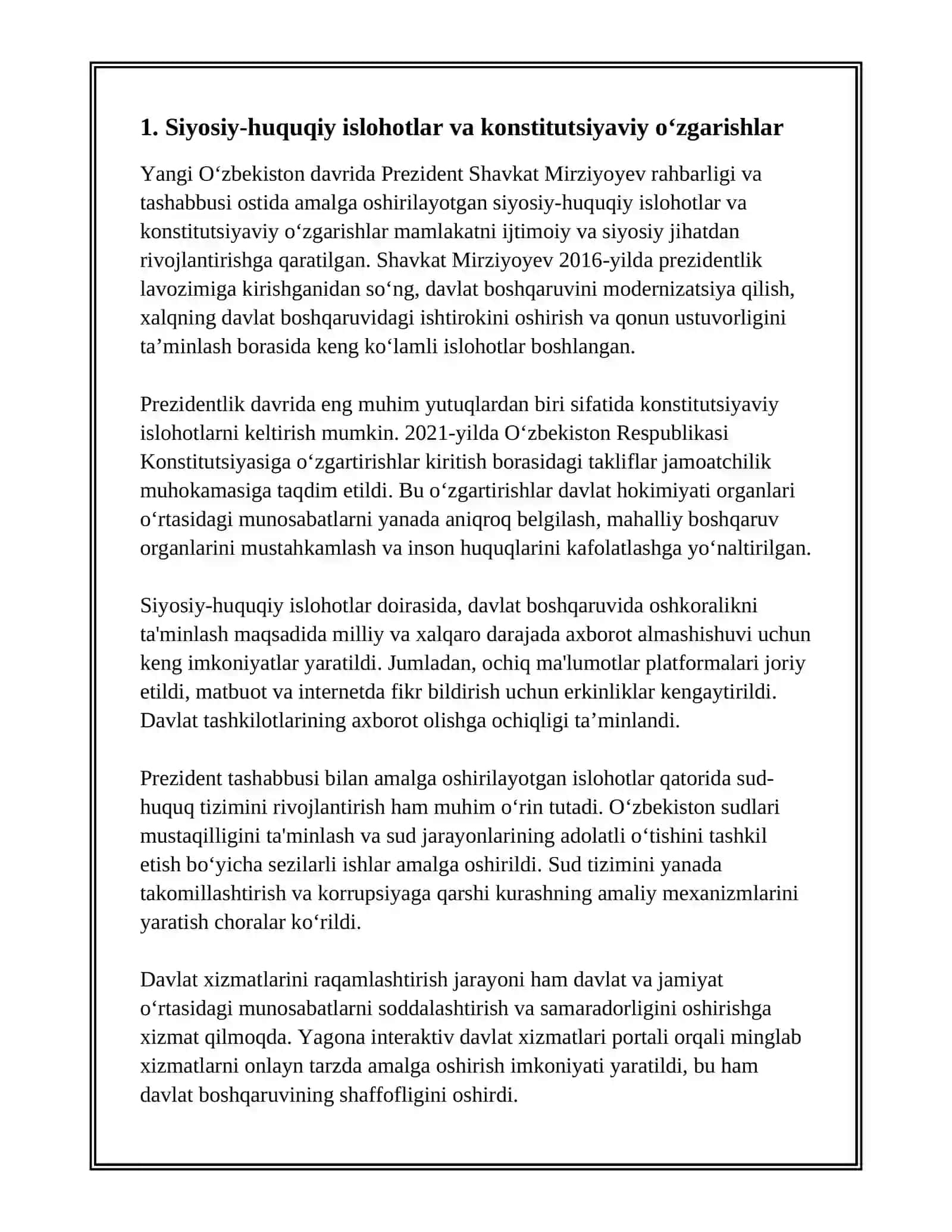 YANGI O‘ZBEKISTONDA PREZIDENT SH.M.MIRZIYOYEV RAHBARLIGI VA TASHABBUSI OSTIDA AMALGA OSHIRILAYOTGAN ISLOHOTLAR 3