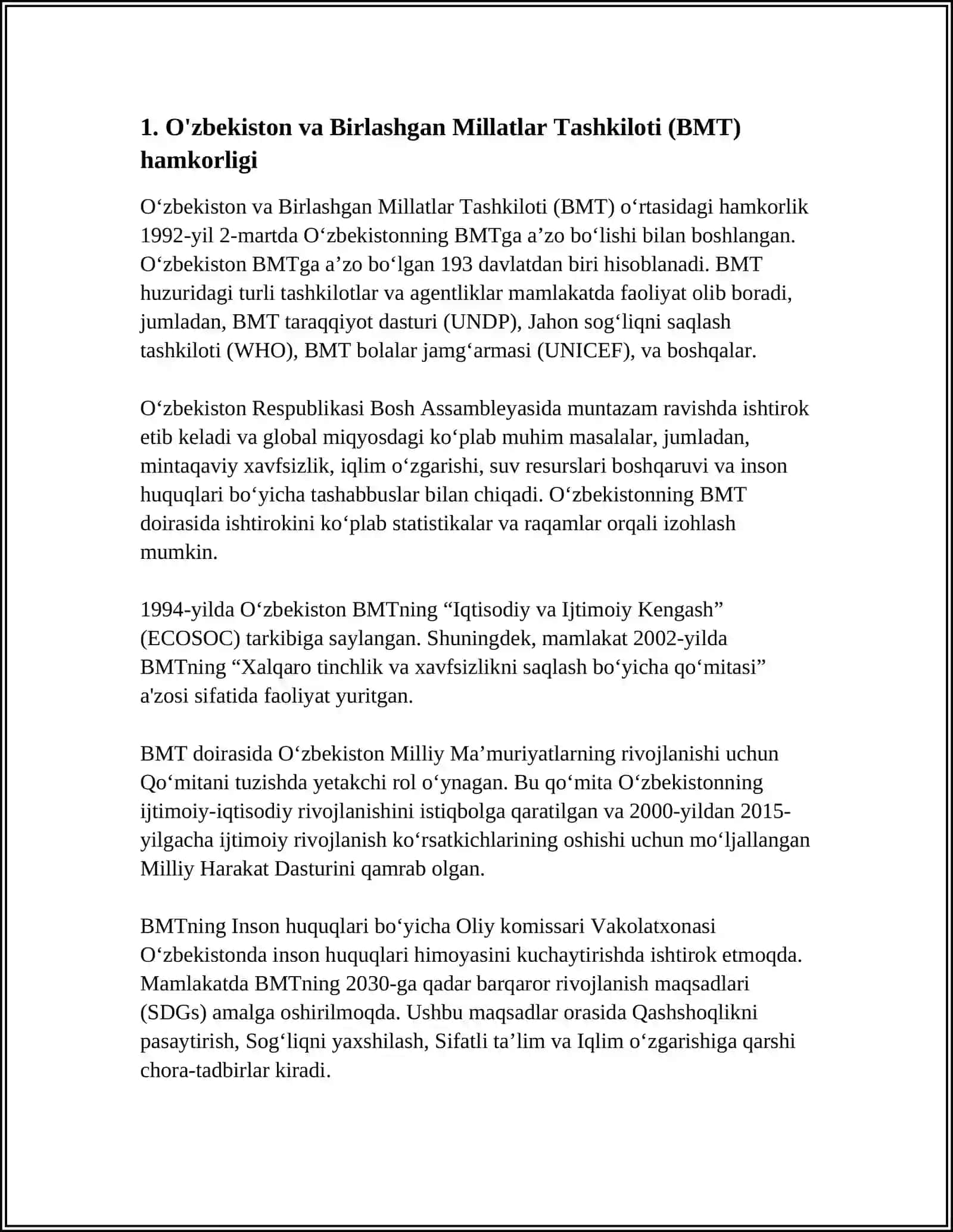 OʻZBEKISTONNING XALQARO TASHKILOTLARI BILAN HAMKORLIK ALOQALARI 3