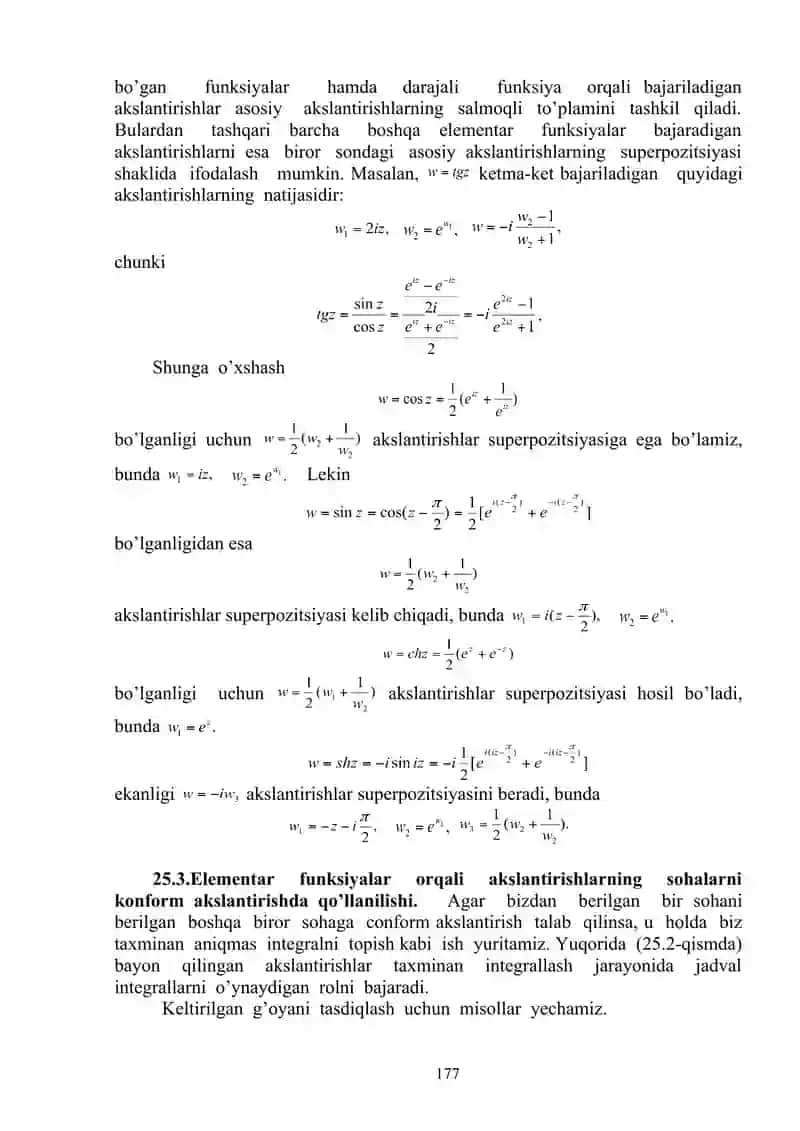 Elementar funksiyalar orqali akslantirishlarning sohalarni konform akslantirish 3