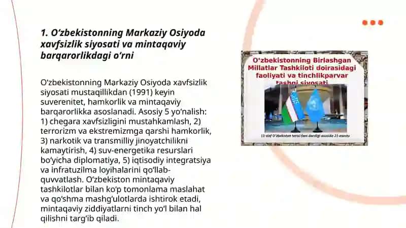 Oʻzbekistonning markaziy osiyoda tinchlik va mustaqillikni ta’minlashdagi órni 3