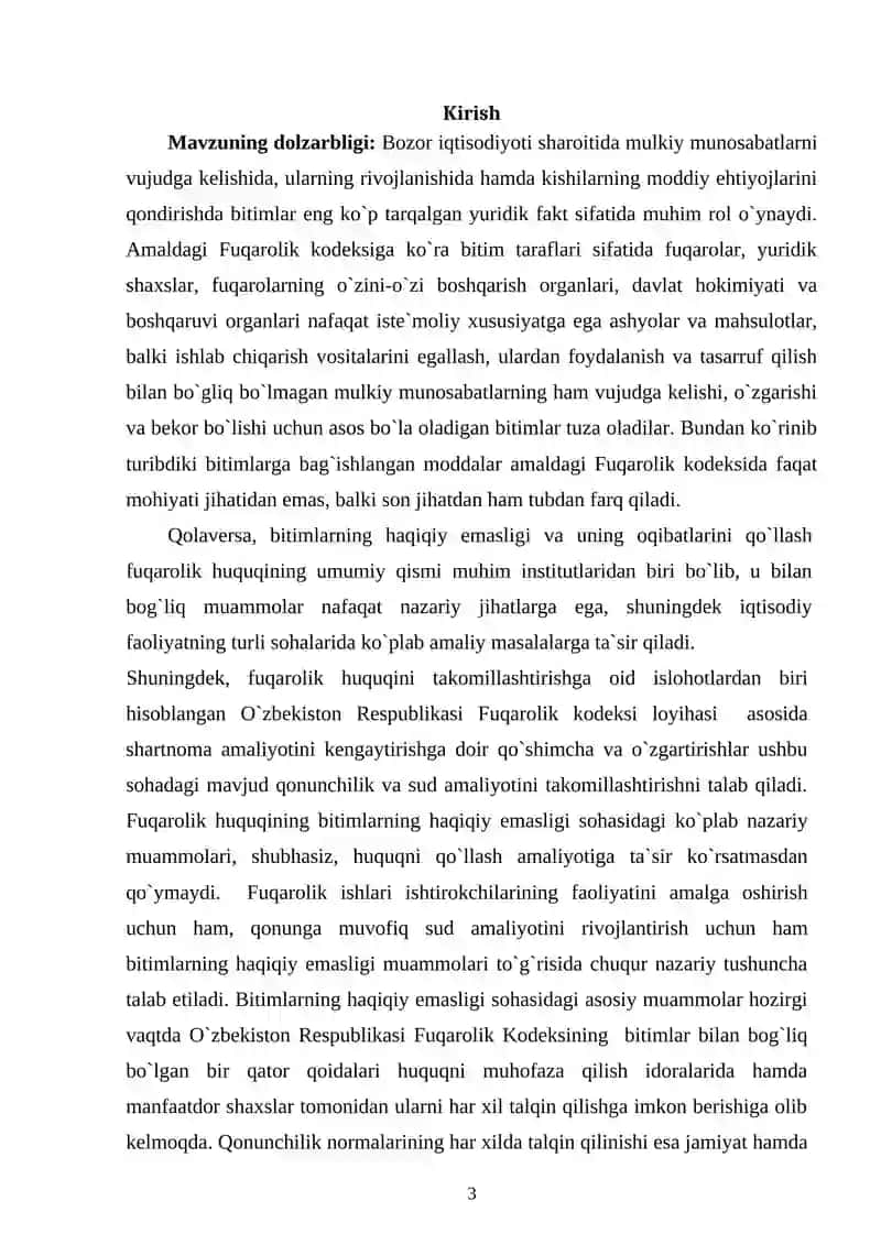 Bitimlarning haqiqiy emasligi tushunchasi turlari va uning huquqiy oqibatlari Kurs ishi 3