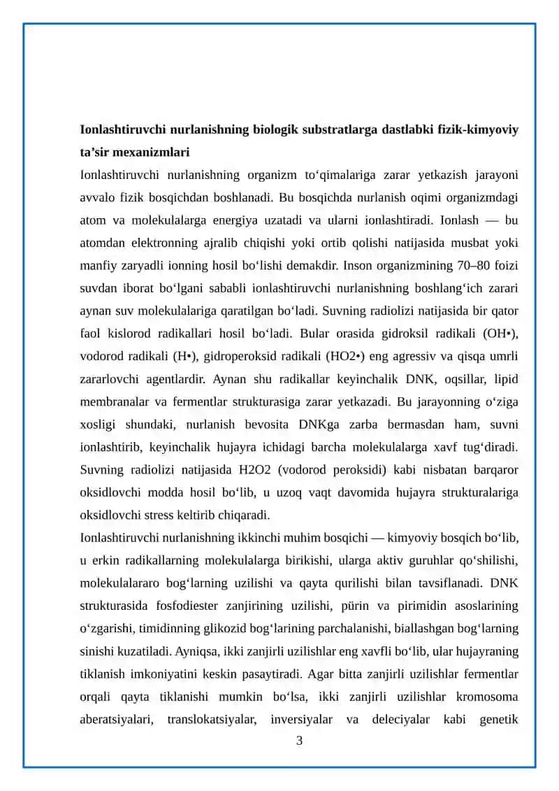 Ionlashtiruvchi nurlanish ta'sirida organizmda rivojlanuvchi o'zgarishlarning patogenezi 3