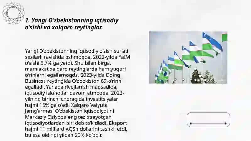 OʻZBEKISTON IJTIMOIY-SIYOSIY,IQTISODIY VA MADANIY HAYOTIDA ROʻY BERAYOTGAN OʻZGARISHLARNING XALQARO REYTING VA INDEKSLARDA AKS ETISHI 2425-guruh talabasi 3