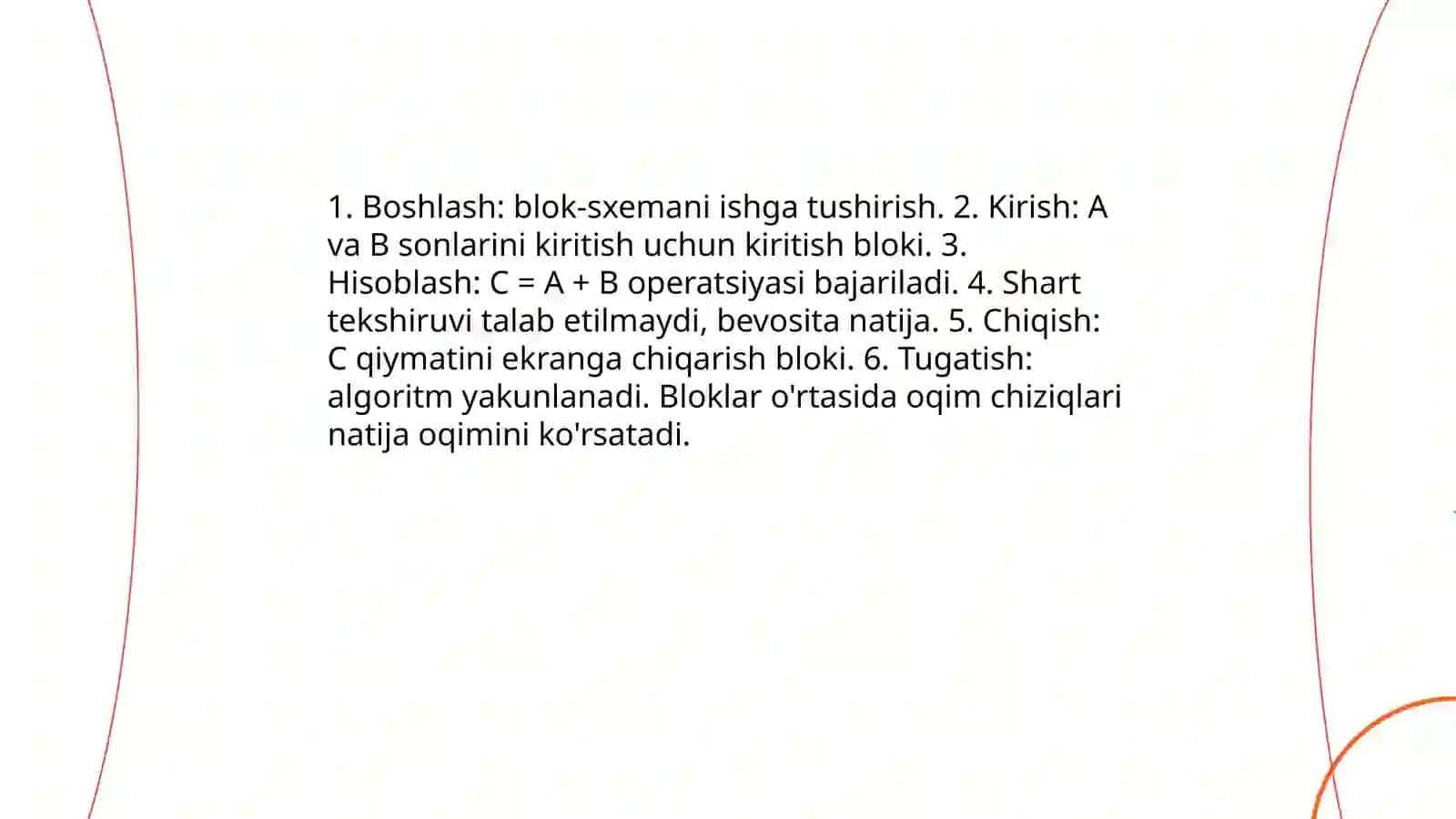 Algoritmning blok-sxemalar yordamida berilishiga misol keltiring 3