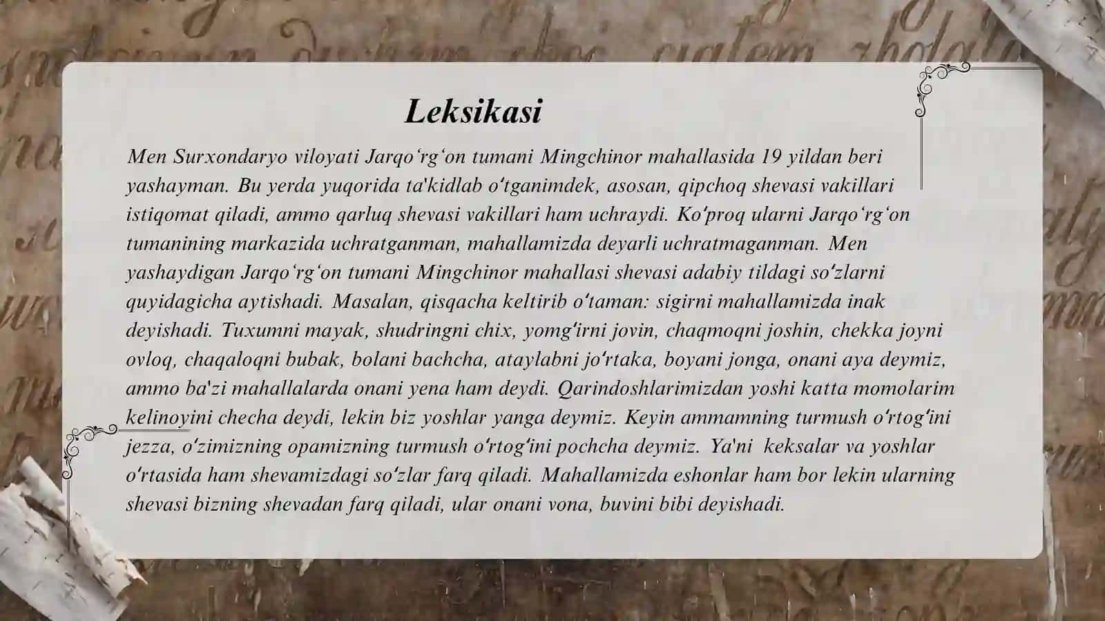 Surxondaryo viloyati Jarqo‘rg‘on tumani Mingchinor mahallasi  shevasi 3