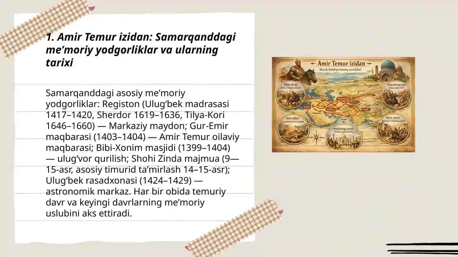 Amir Temur izidan: Samarqanddagi meʼmoriy yodgorliklar va ularning tarixi 3