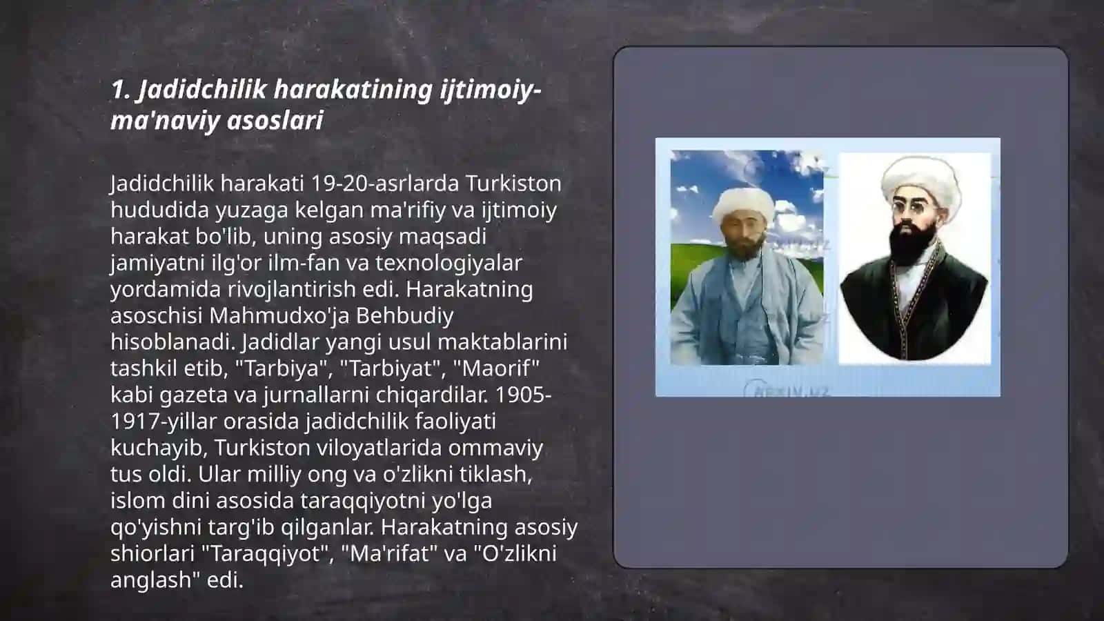 Jadid ma'rifatparvarlarning o'lka ijtimoiy- manaviy hayotida tutgan o'rni ( Munavvar Qori, Fitrat, Behbudiy, Avloniy va boshqalar) 3