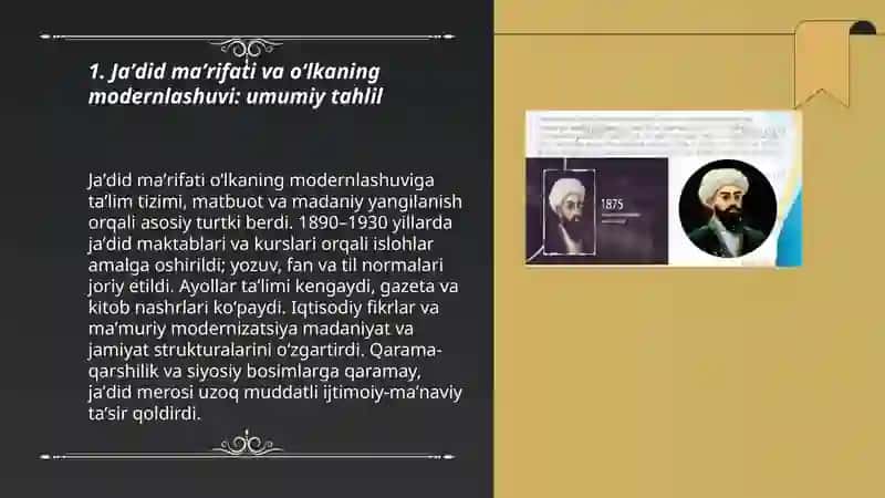 Jaʼdid maʼrifatlarining oʻlka ijtimoiy - maʼnaviy hayotida tutgan oʻrni 3