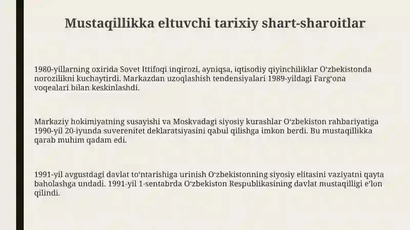 Mustaqillik arafasida Oʻzbekiston: Tarixiy shart-sharoit va asosiy tendensiyalar 3