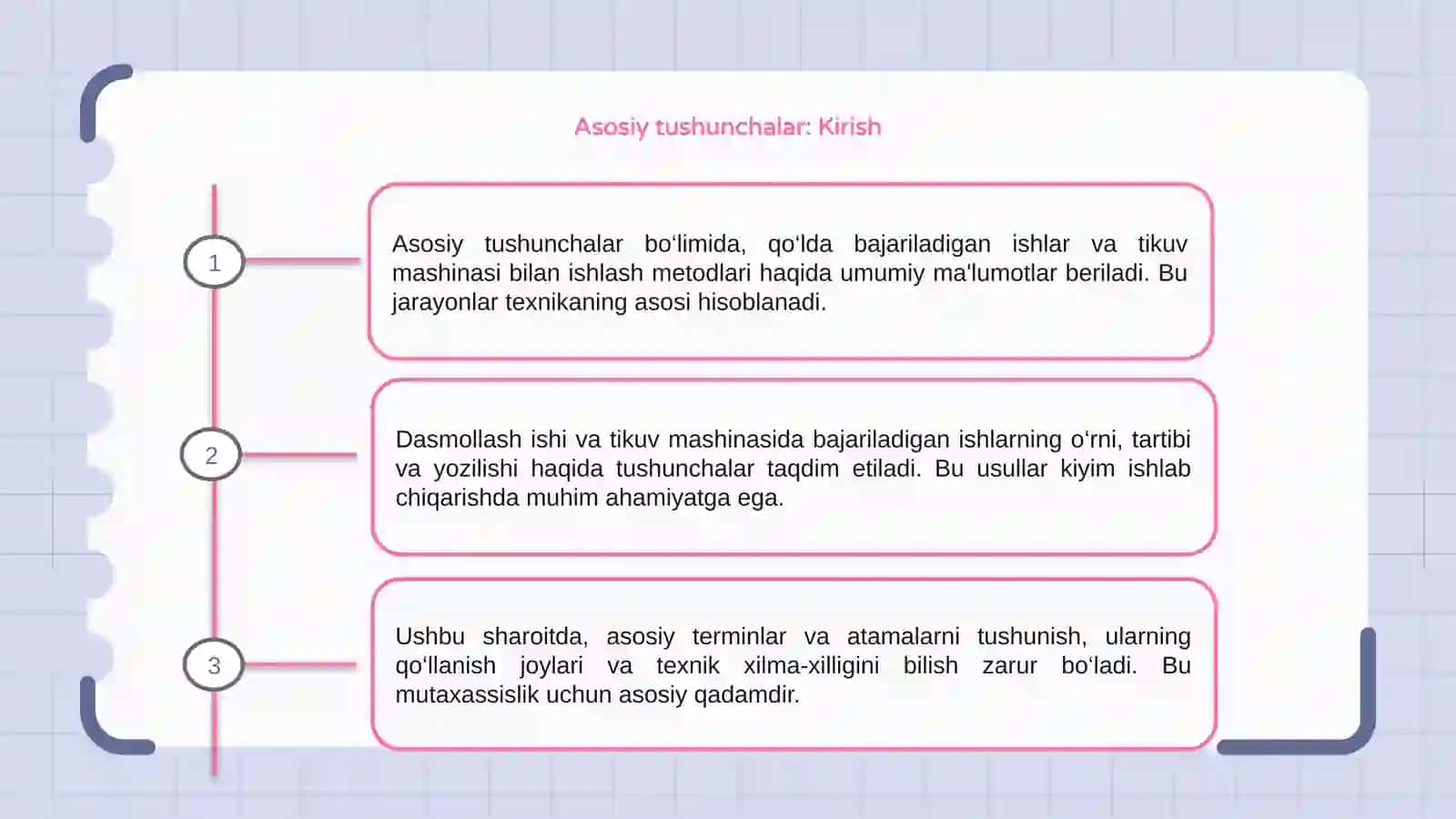 Asosiy tushunchalar, qoʻlda bajariladigan ishlar, tikuv mashinasi bilan bajariladigan ishlar va dazmollash ishidagi atamalar 3