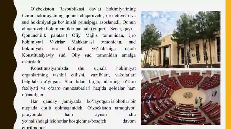 O‘zbekiston Respublikasida davlat xokimiyatini amalga oshirish deganda nmani tushunasiz va u km tomonidan amalga oshiriladi 3