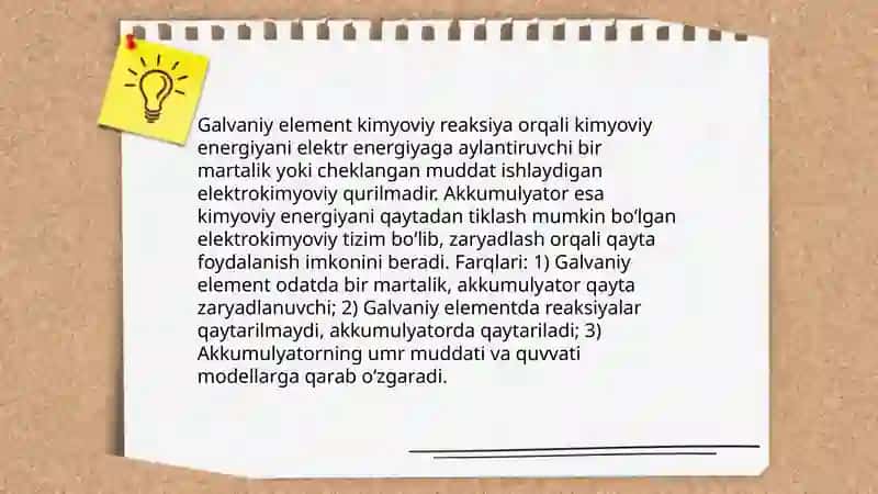 Galvaniy elementlar va akkumulyatorlarning ishlash mexanizmi 3