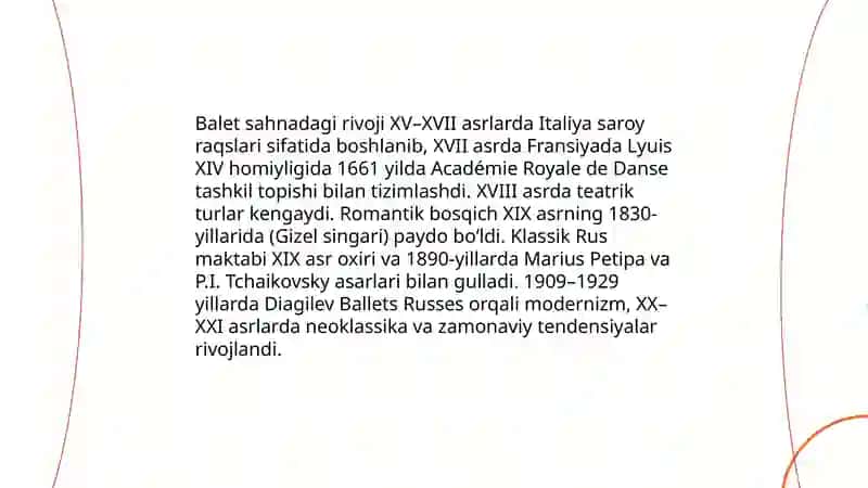 Sahnaviy musiqa asarlari. Balet va raqs sanʼati musiqa drama va kamediya, bolalar uchun musiqali ertak tomoshalar 3
