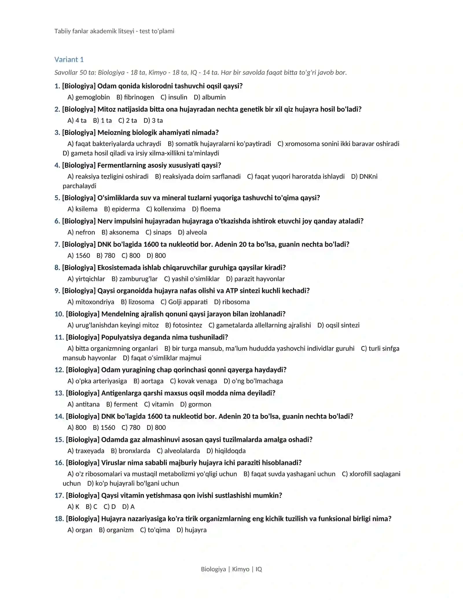 Tabiiy fanlar akademik litseyi - test to'plami 3
