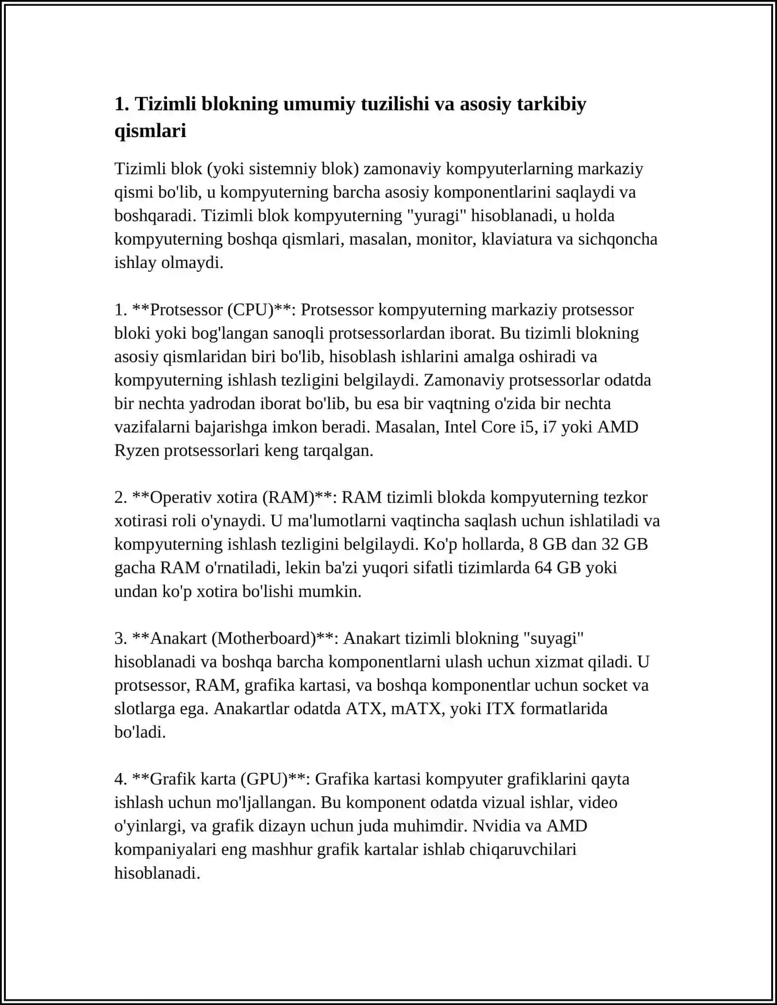 TIZIMLI BLOK VA UNING TARKIBIY ELEMENTLARI PROTSESSOR, SOPROTSSESOR,XOTIRA 3