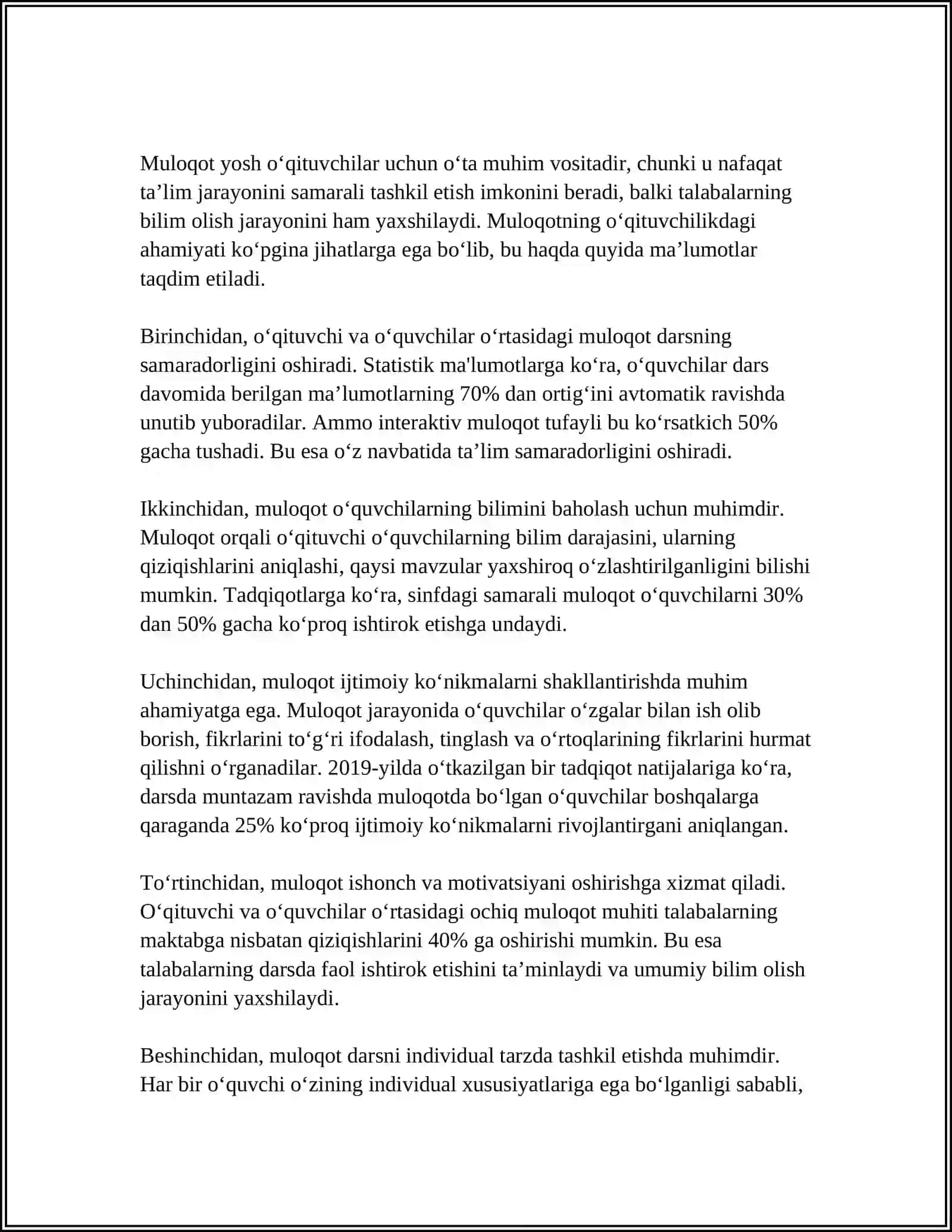 YOSH O'QITUVCHINING PEDAGOGIK MAHORATINI TAKOMILLASHTIRISHDA MULOQOTNING AHAMIYATI 3