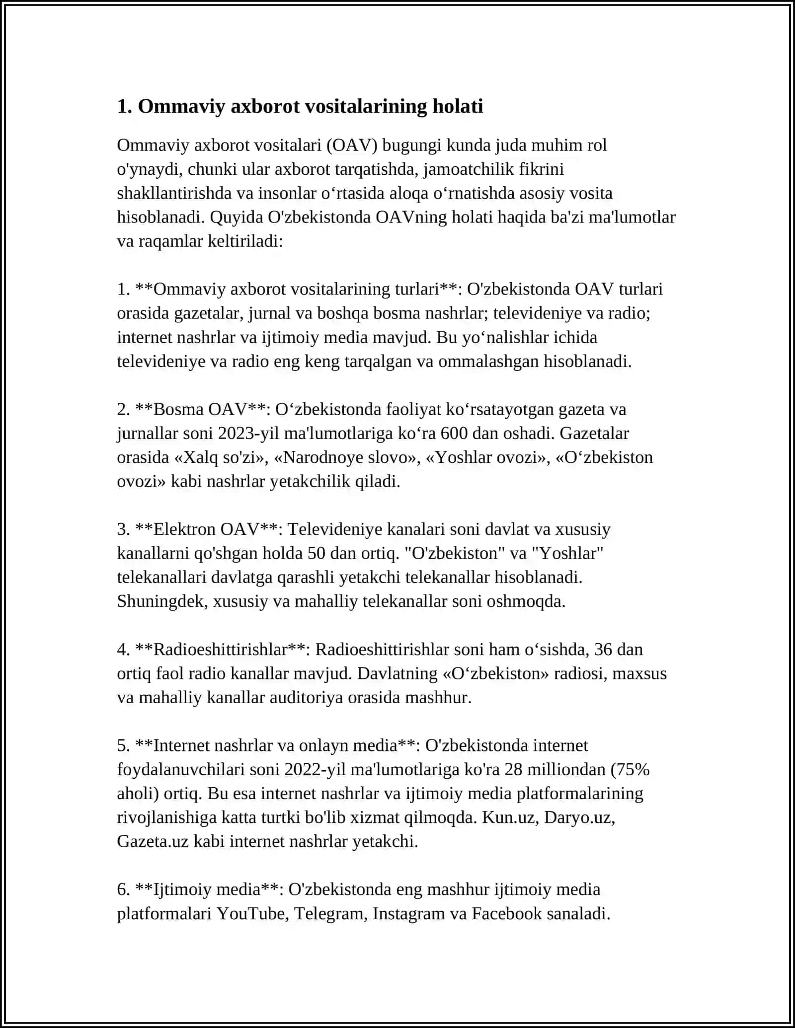 OʻZBEKISTONNING " MATBUOT ERKINLIGI INDEKSI" DAGI OʻRNI 3