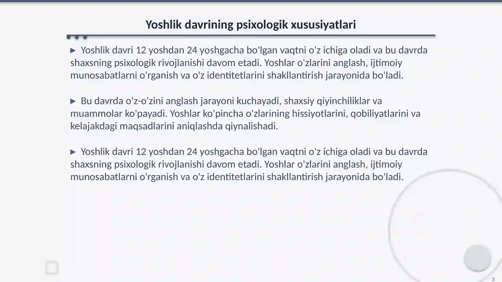 Yoshlik davri va uning o'ziga xos xususiyatlari, o'z o'zini anglash. Gerontopsixologiya 3