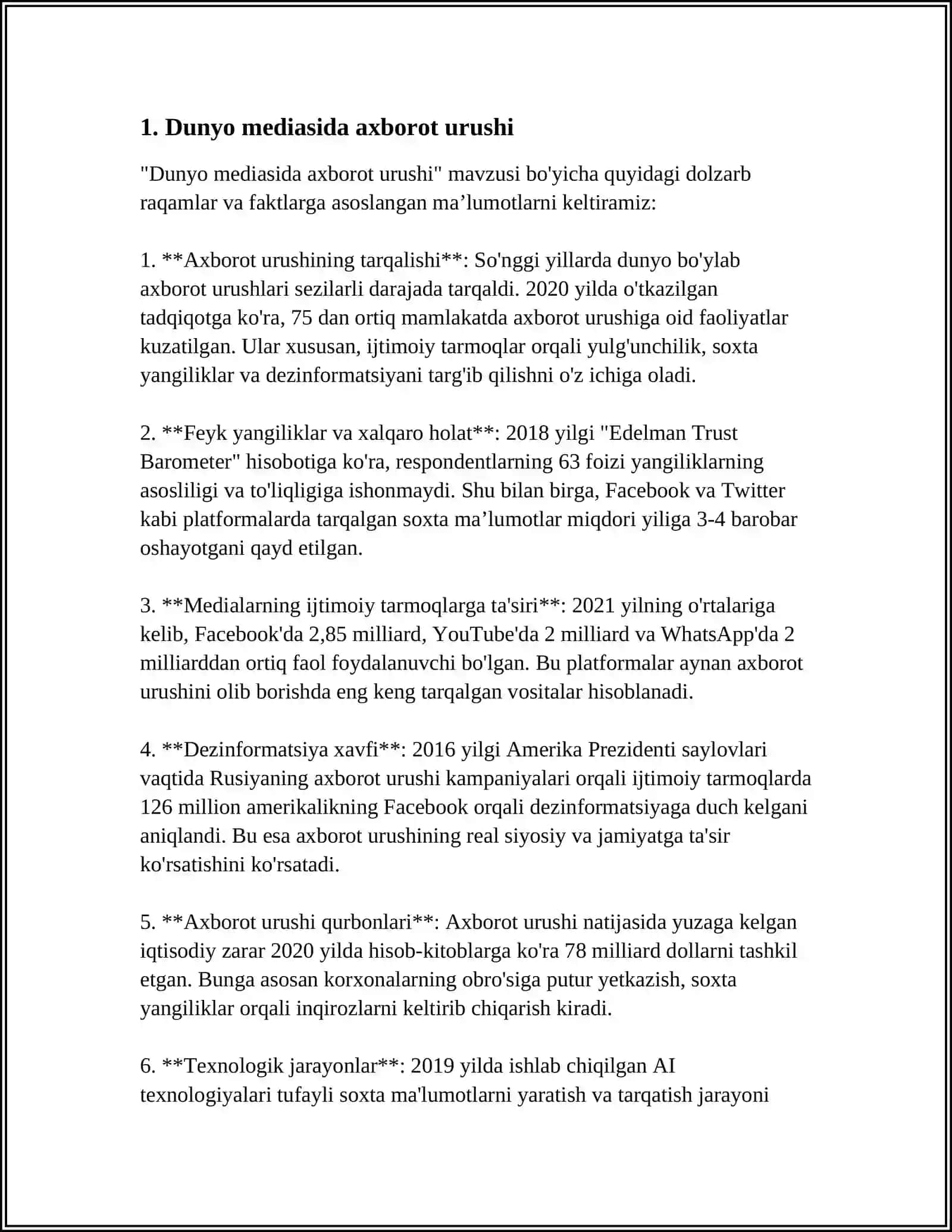 MUSTAQIL ISH MAVZUSI; JAHON MEDIA VA AXBOROT MAKONIDA MANFAATLAR TO'QNASHUVI 3