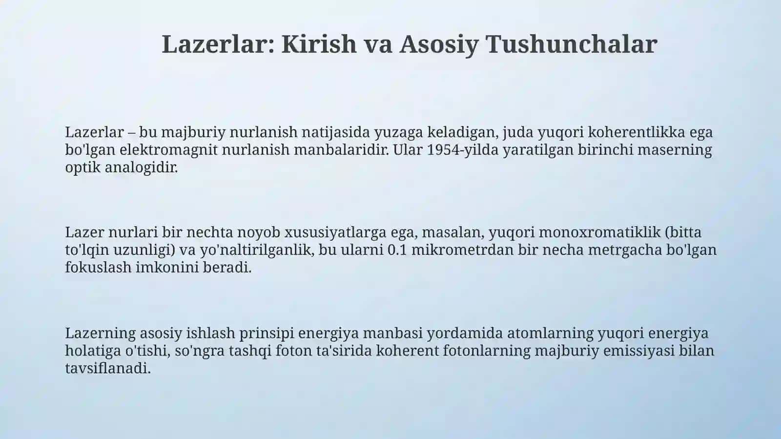 Лазерлар. ОКГваунингтурлари.Лазернурларинихоссалариватиббийотдаколланишйоналишлари 3