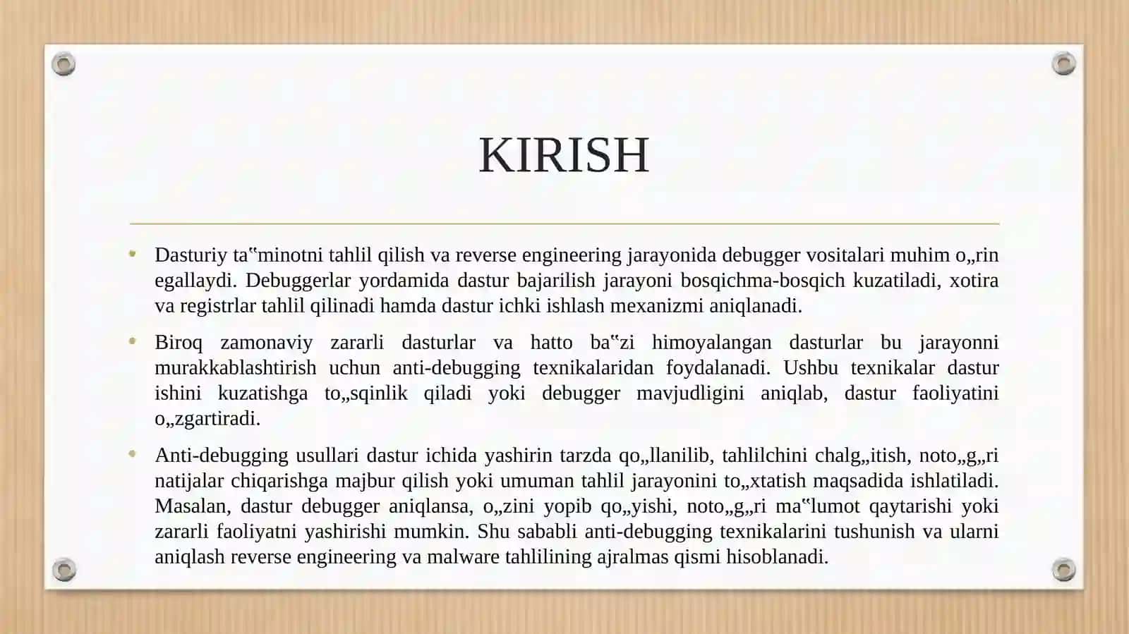 ANTI-DEBAGGERLASH TEXNIKALARINI ANIQLASH, TAHLIL QILISH VA BARTARAF ETISH USULLARI. 3