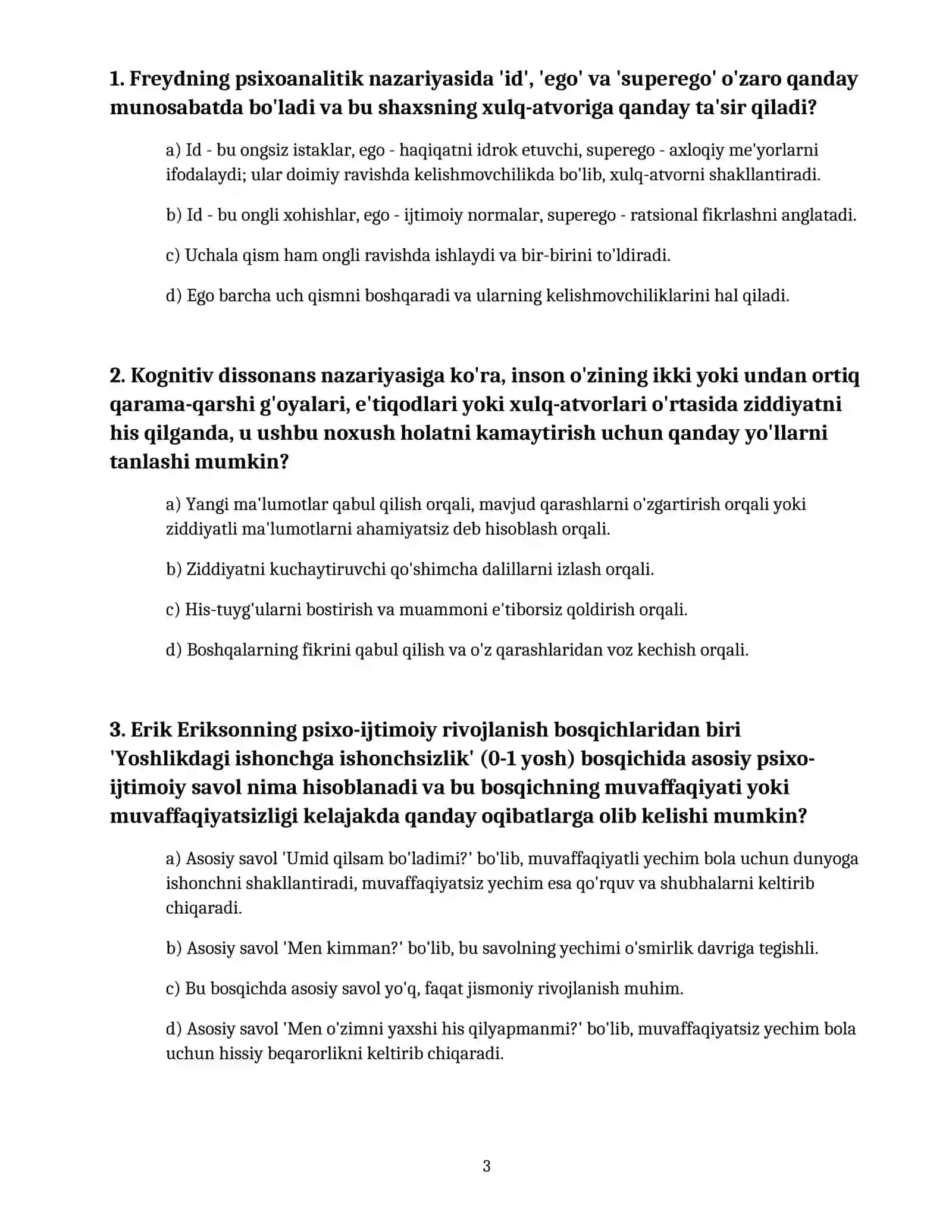 PSIXOLOGIYADAN 50TA TEST SAVOLLARI VA JAVOBLARI BILAN BIRGALIKDA 3