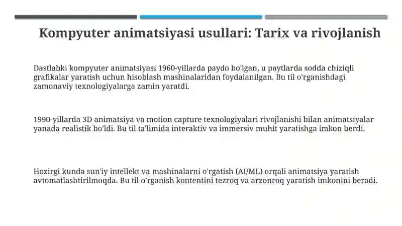 Kompyuter animatsiya usullar va ularni til o’rganishdagi ijobiy ta’siri bo‘yicha taqdimot tayyorlash 3