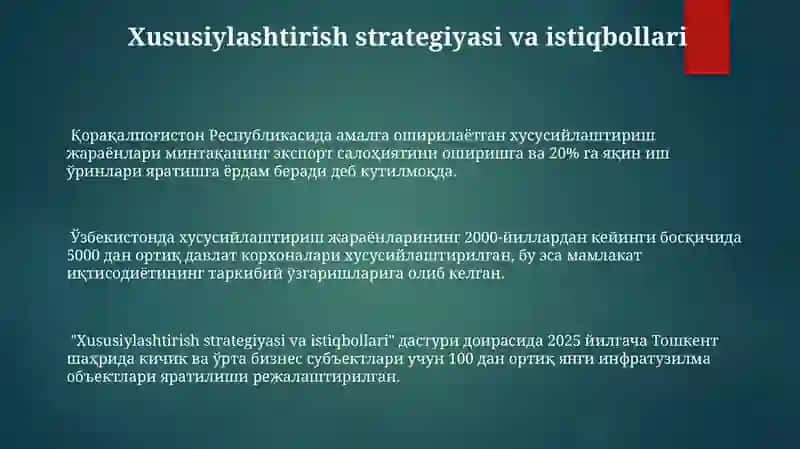 Oʻzbekistonda xususiylashtirish jarayonlarining bosqichlari va vazifalari 3