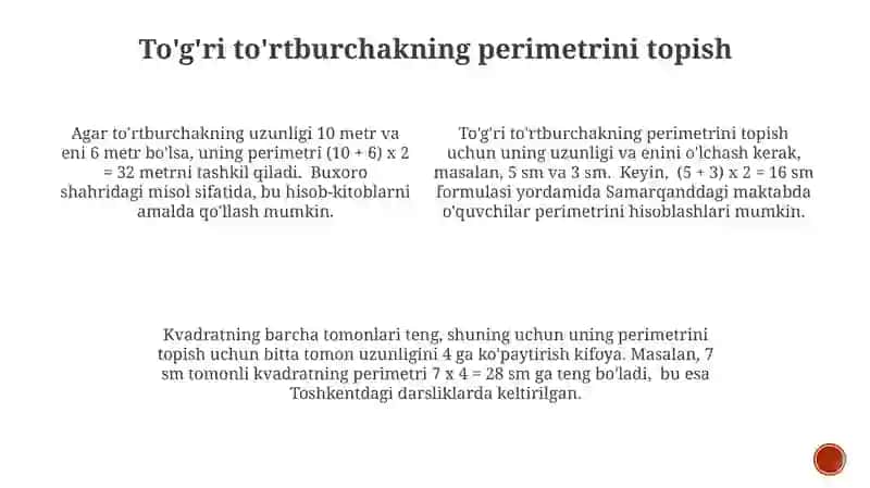 To'g'ri to'rtburchak va kvadratning perimetri topishga doir masalalar yechishga o'rgatish 3