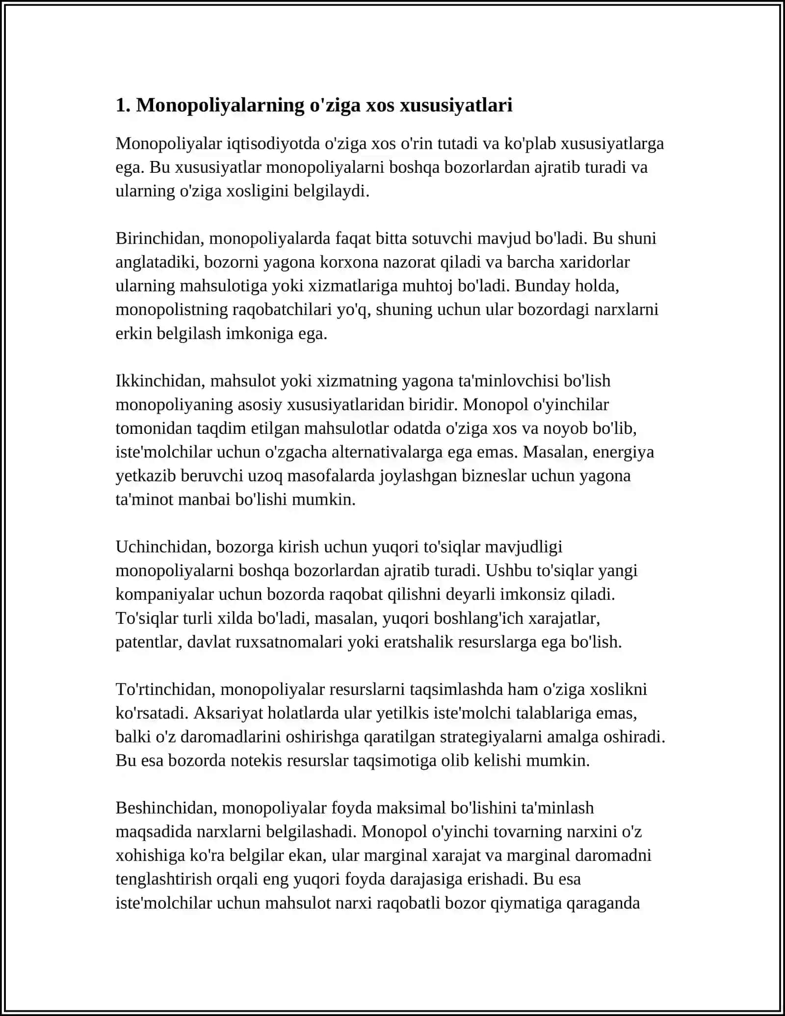 MONOPOLIYALAR, ULARNING AMAL QILISH VA TARTIBGA SOLISH XUSUSIYATLARI 3