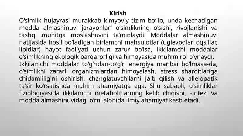 O'SIMLIKLARDA KELIB CHIQISHI IKKILAMCHI BOLGAN MODDALAR VA ULARNI MODDALAR ALMASHINUVIDAGI O'RNI 3