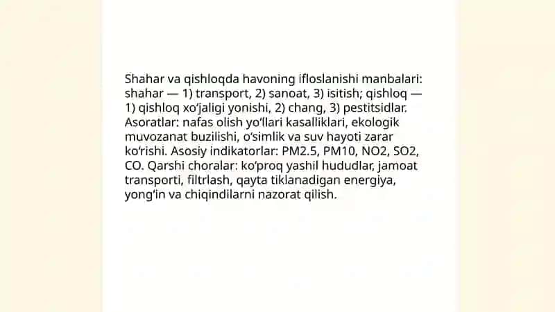 "Shahar va qishloqda havoning ifloslanishi manbalari" 3
