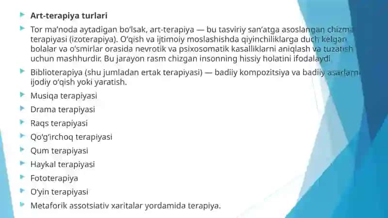 Art-terapiya turlari,o’zaro ta’sir va faoliyat usullari 3
