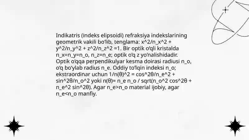 Bir optik o‘qli kristallarda sindirish ko'rsatkichi indikatrisasini topish 3