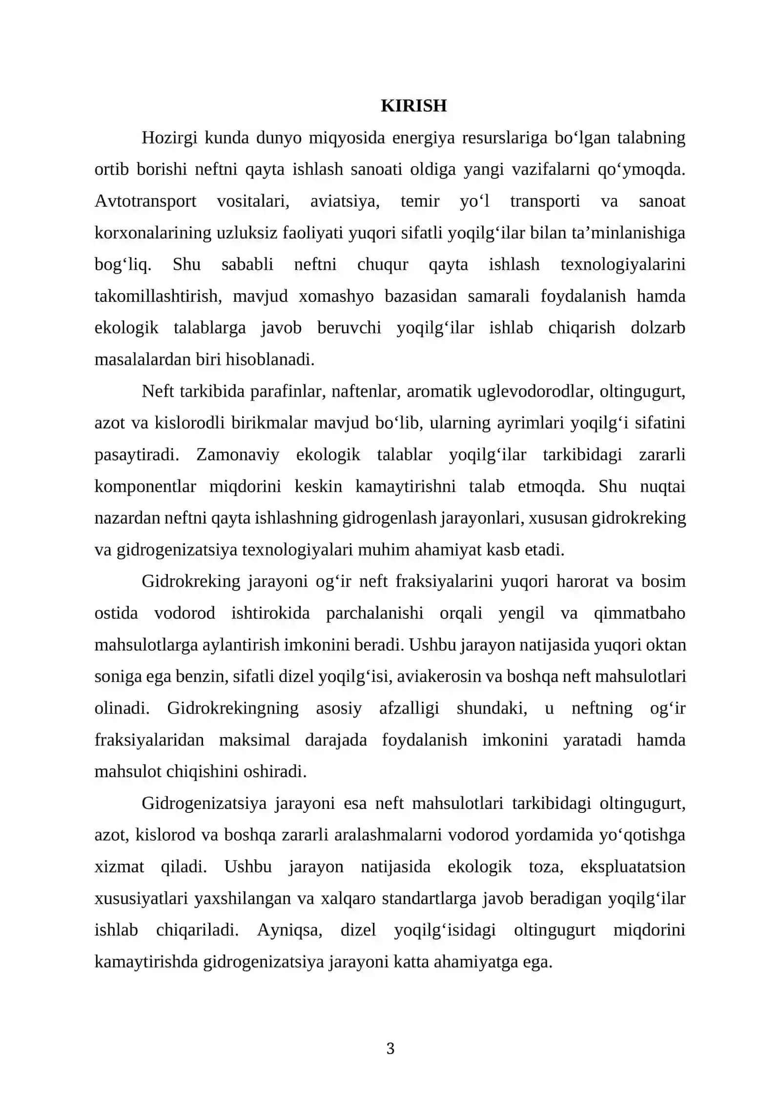 Sanoatda gidrokrekin va gidroggenizatsia jarayonida sifatli yoqilgʻini olish texnologiyasini ishlab chiqish 3