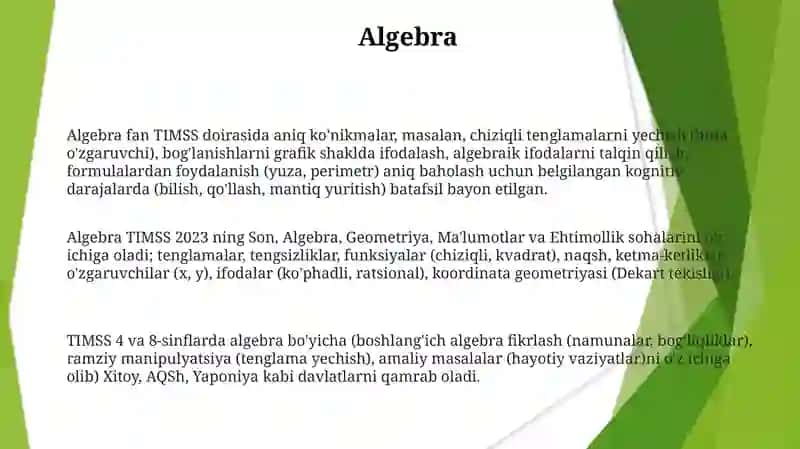 TiMSS xalqaro baholash dasturida matematikaga oid mazmun sohalari 3