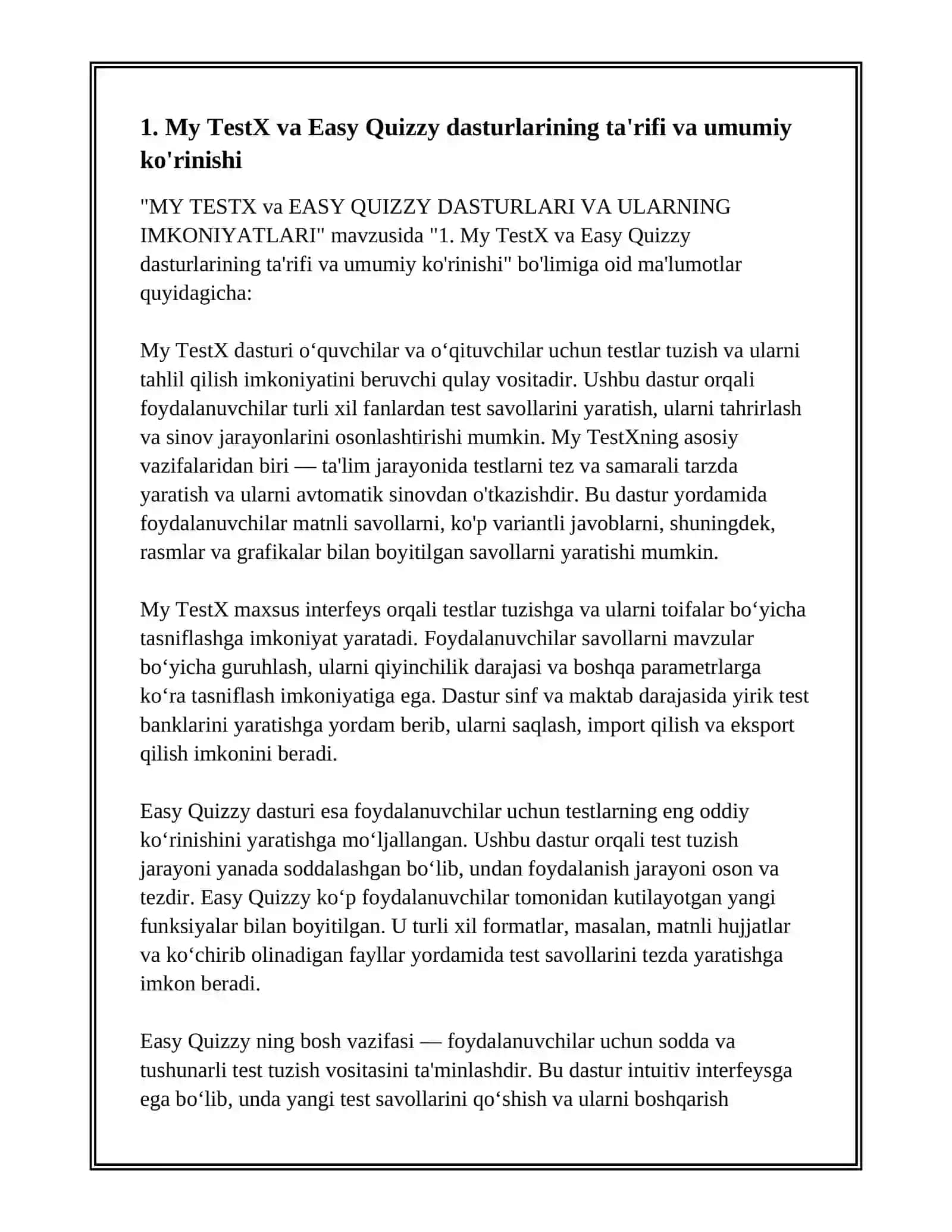 MY TESTX EASY QUIZZY DASTURLARI VA ULARNING IMKONIYATLARI 3