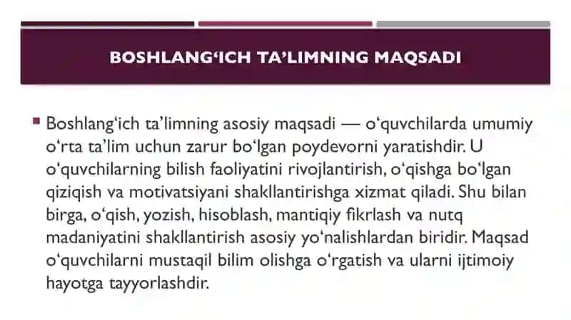 Boshlang‘ich ta’lim mazmuni va mohiyati. Boshlang‘ich sinflarda ta’lim tamoyillari va qonuniyatlari 3