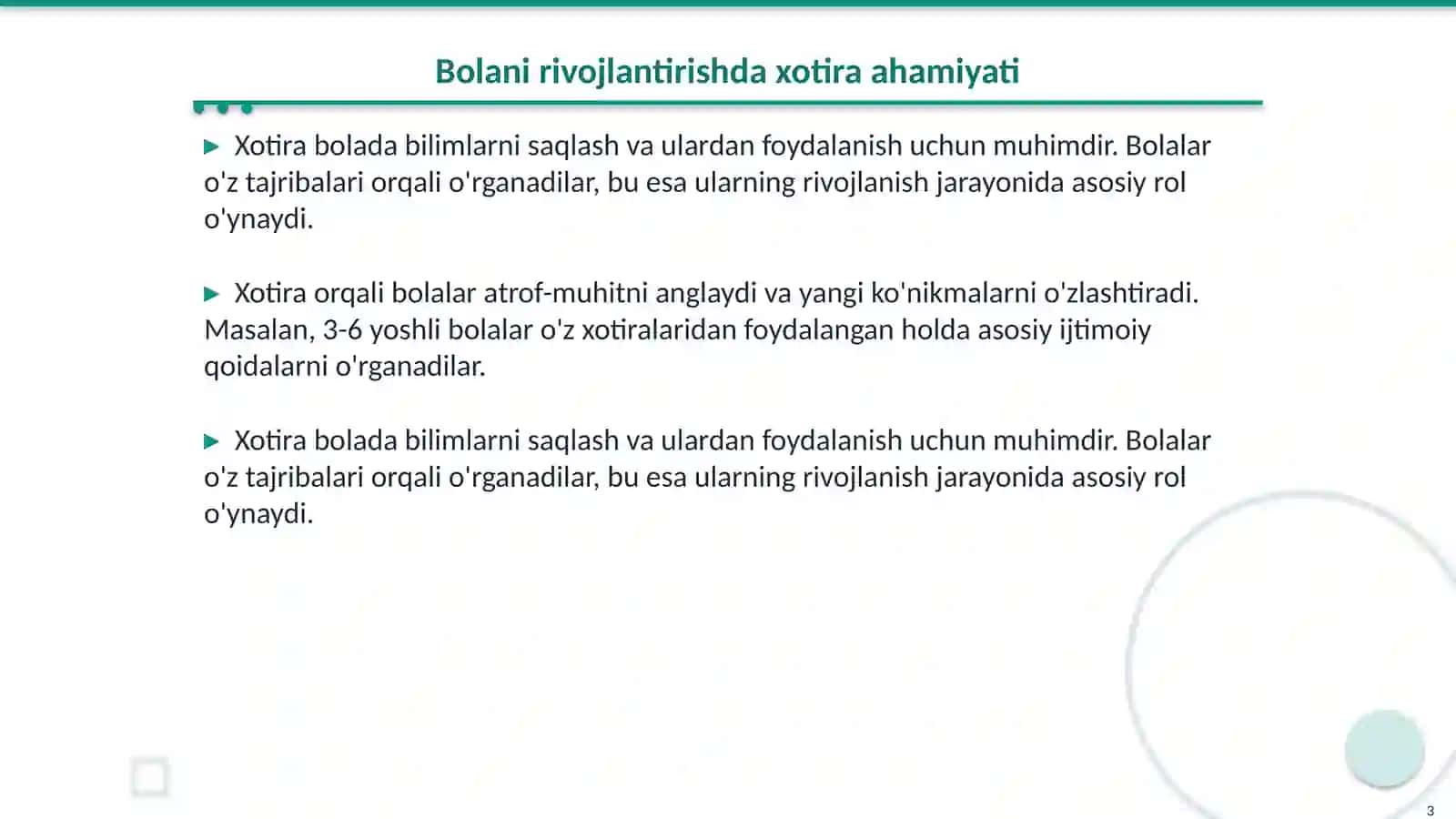 Bolada xotiraning yetakchi turini aniqlash. Diqqat barqarorligini aniqlash 3