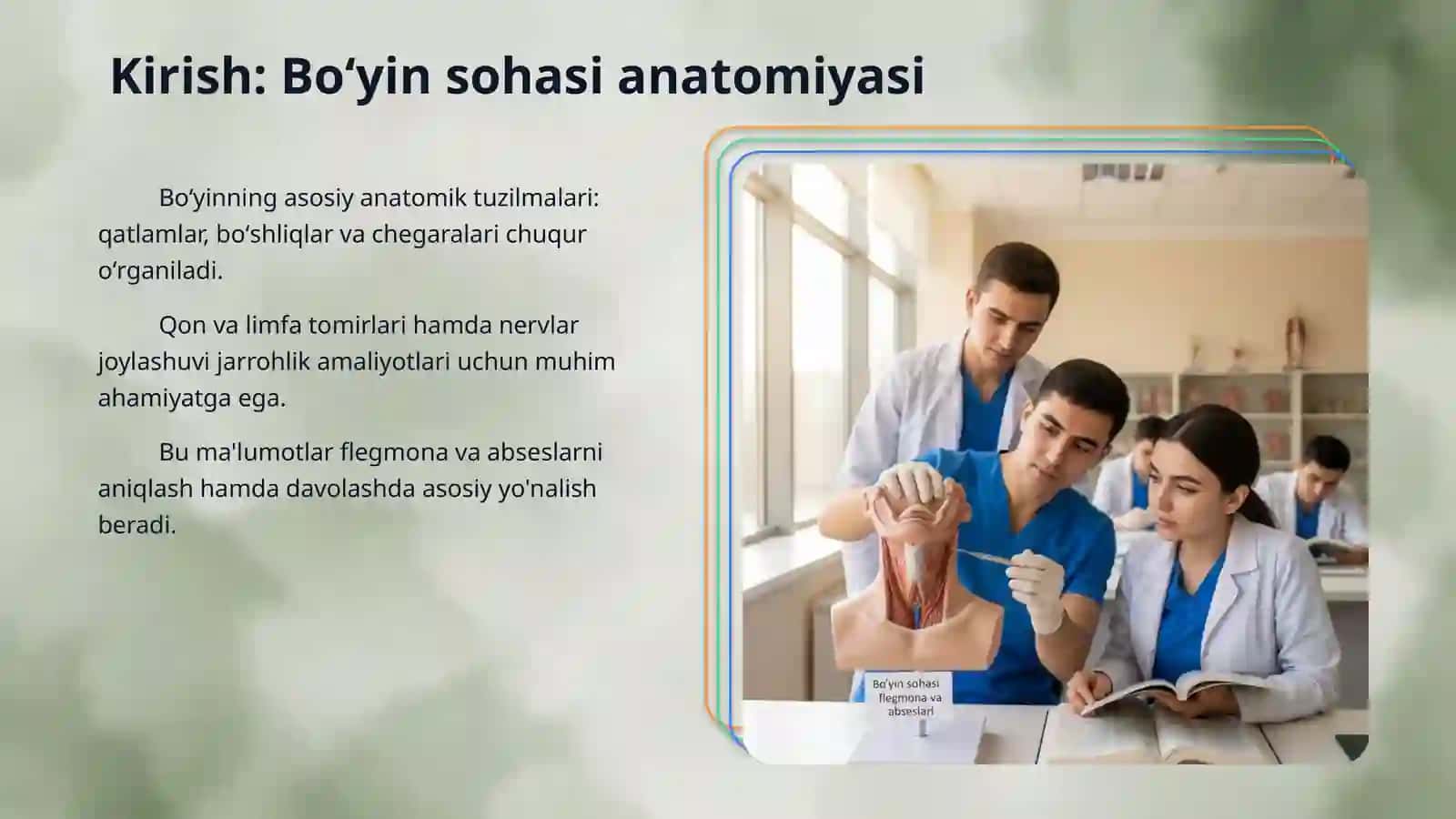 Boʻyin sohasi topografik anatomiyasi va operativ xirurgiyasi.  Boʻyin sohasi flegmona va abseslari: joylashishi va operativ ochish hamda drenajlash usullari 3